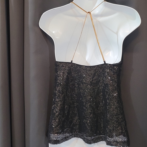 Black and Gold Chain Sequin Halter Top Sparkly Sequin Top - Picture 9 of 14